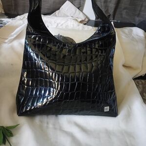 Donna Karan Black Patent Leather Croc Embossed Shoulder Handbag